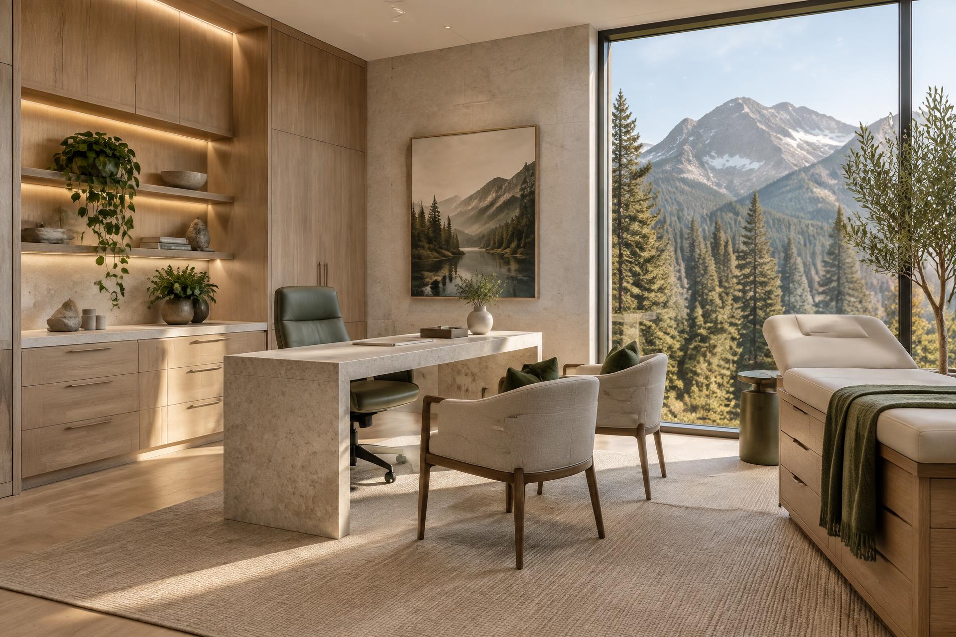 A calm, sunlit private consultation room overlooking the Sierra Nevada