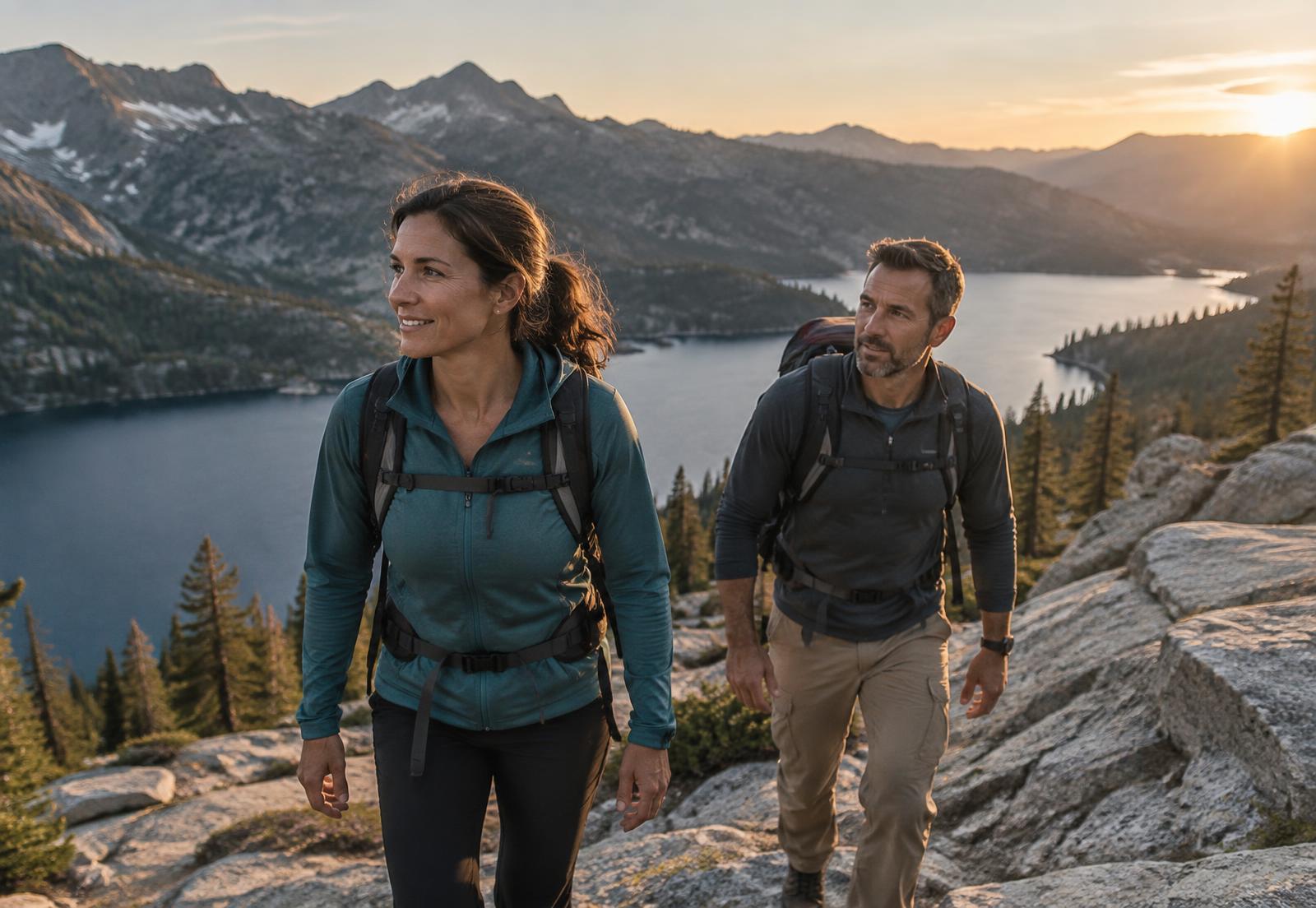 Two active adults hiking above an alpine lake near Tahoe